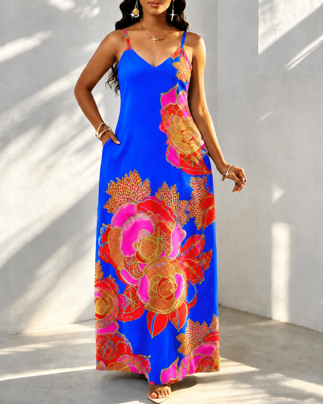 Elegant Large Flowers Print Pocket Maxi Dress