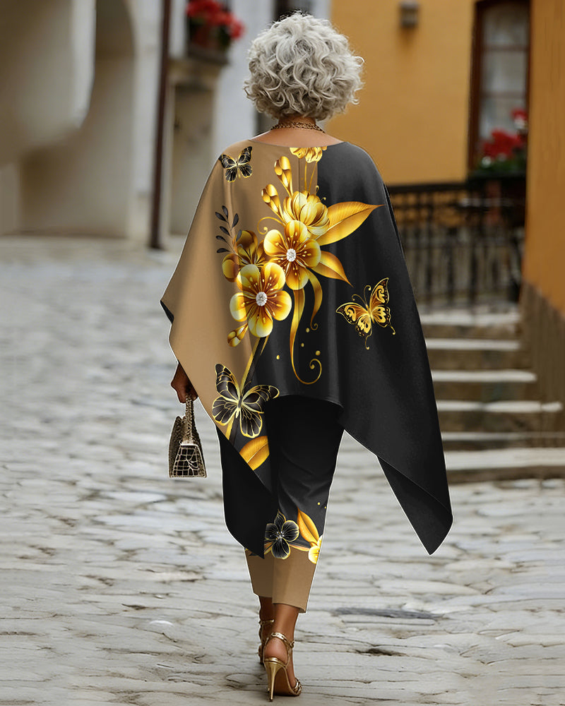 Color-blocked Flowers and Butterflies Print Crew Neck Loose Long Shirt and Drawstring Pants