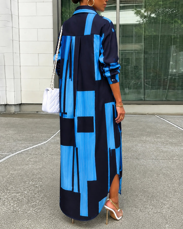 Color-blocked Plaid Stripes Print Collared Button-Front Shirt Maxi Dress