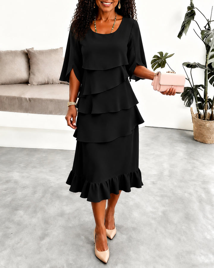 Fashion Tiered Ruffle Crewneck Loose Fit Flowy A-Line Midi Dress