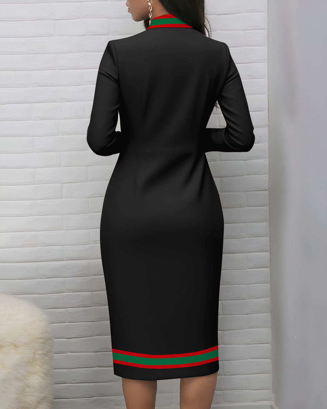 Simple Striped Zipper Stand Collar Long Sleeve Bodycon Dress