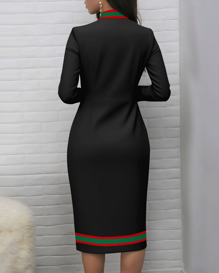 Simple Striped Zipper Stand Collar Long Sleeve Bodycon Dress