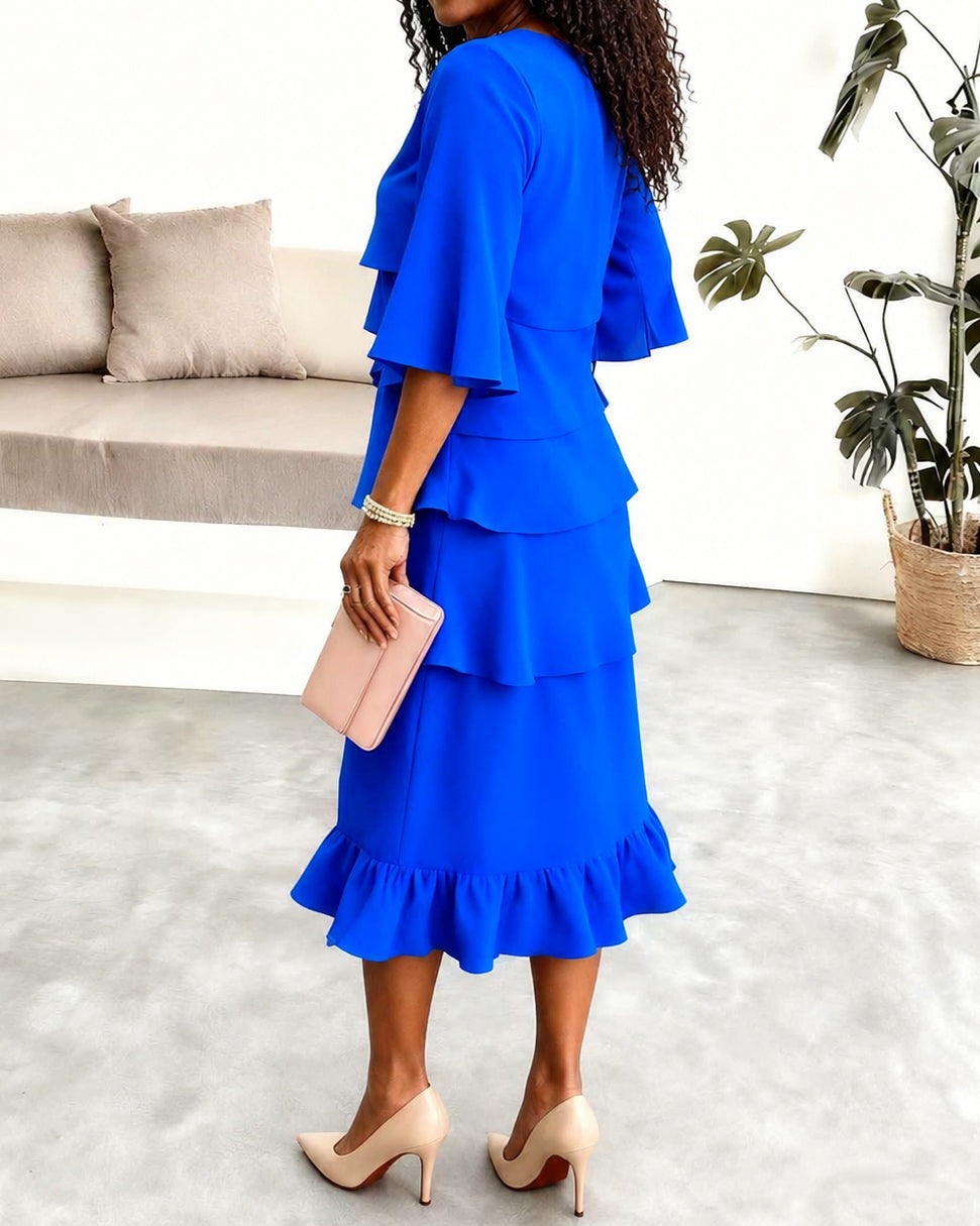 Fashion Tiered Ruffle Crewneck Loose Fit Flowy A-Line Midi Dress