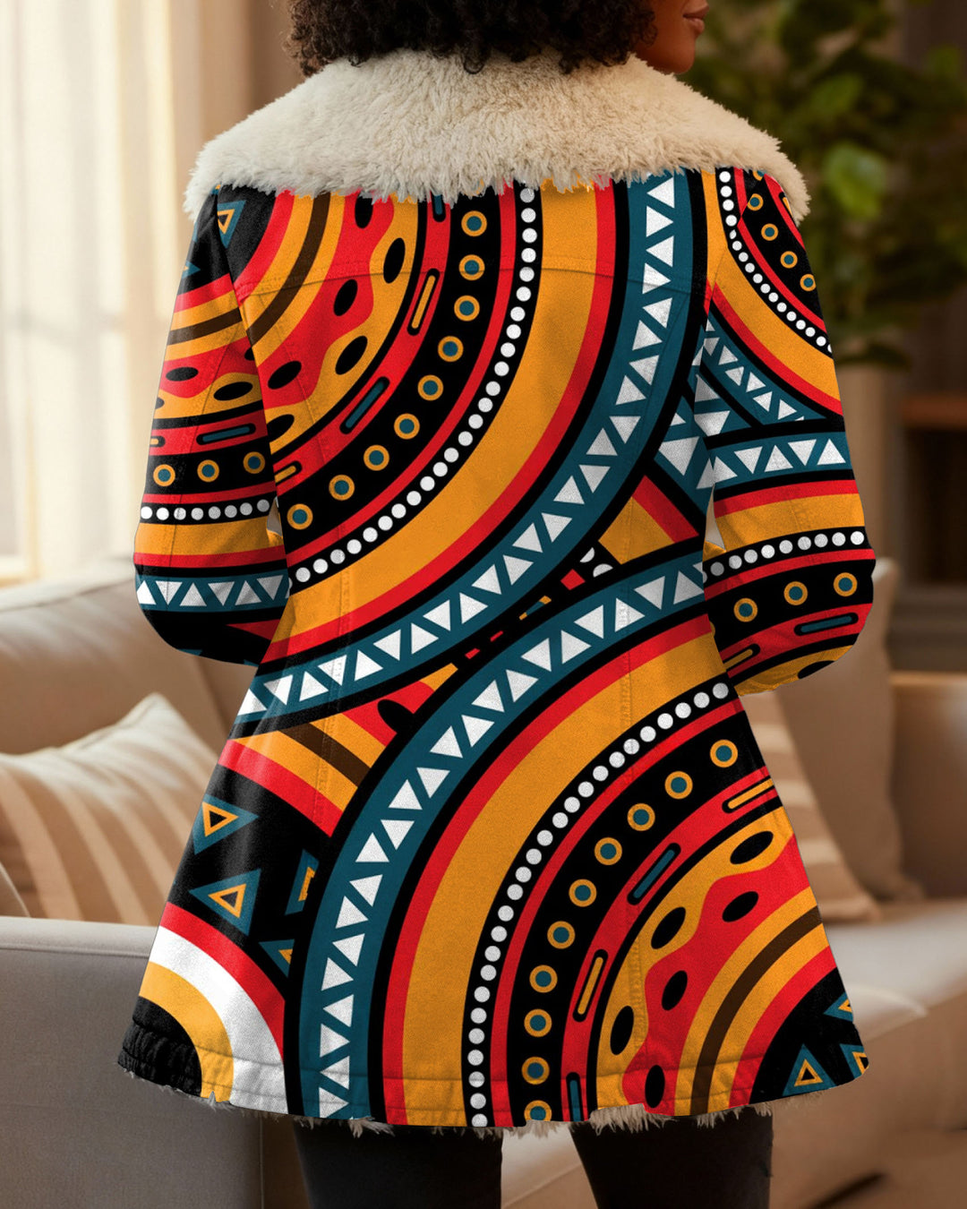 Retro Geometric Patterns Plush Lapel Winter Mid-Length Coat