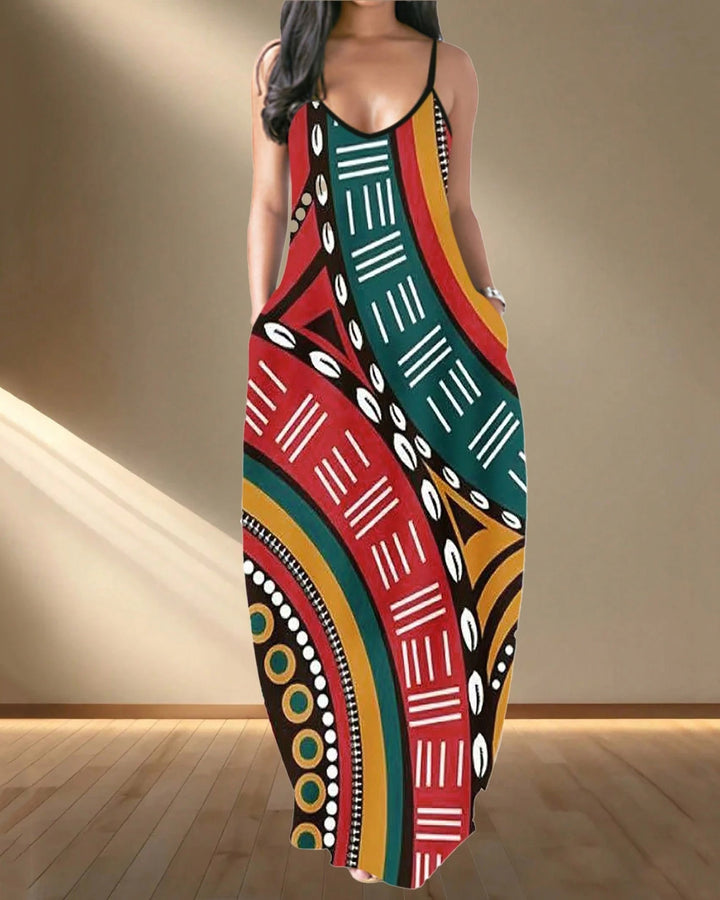 Sling African Abstract Art Pocket Maxi Dress
