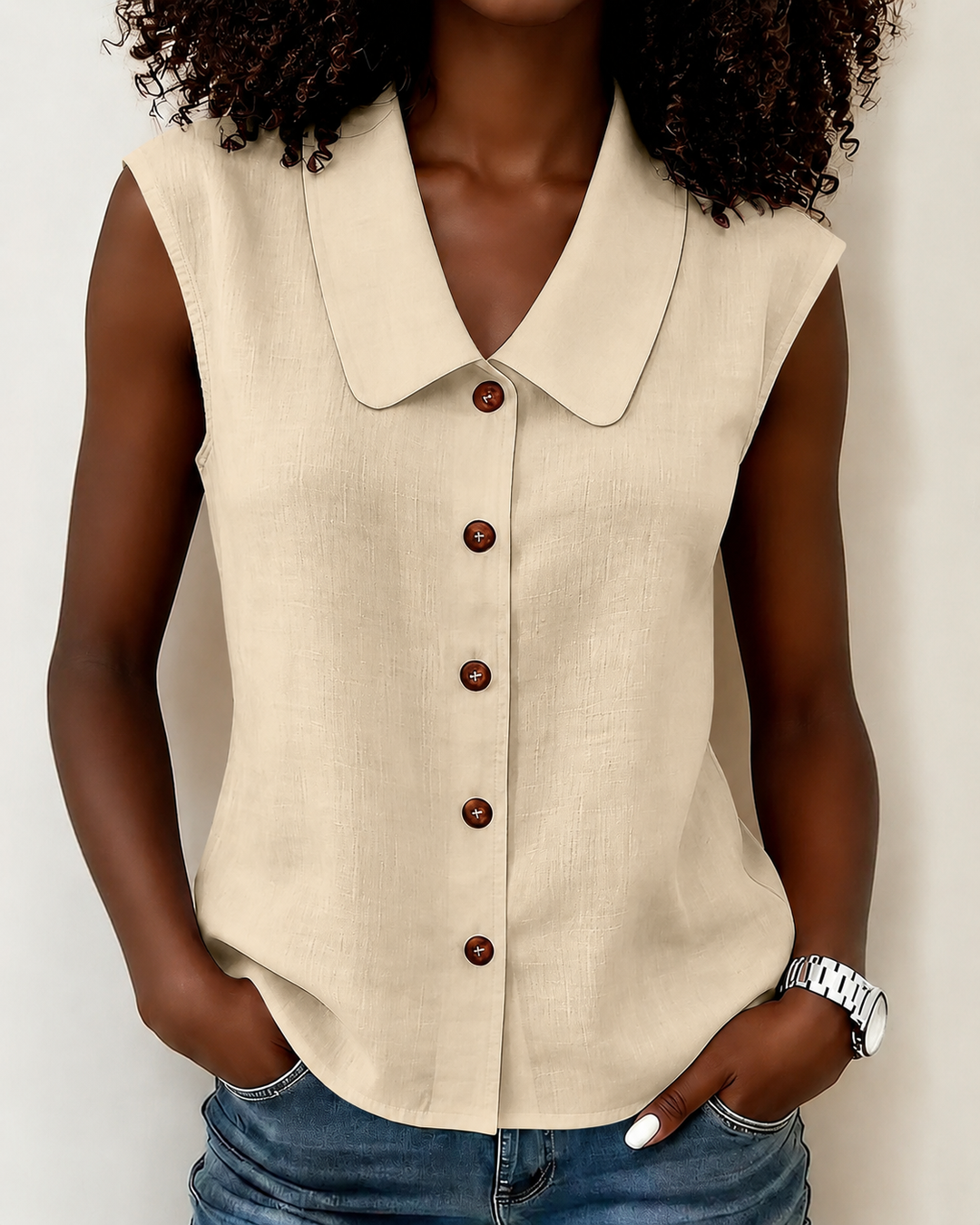 Simple Doll Collar Button Down Sleeveless Cotton Linen Shirt