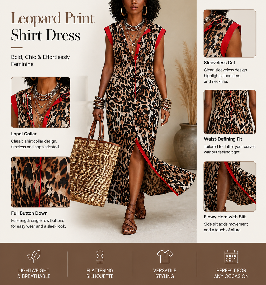 Women's Casual Leopard Colorblock Tailored Maxi Dress