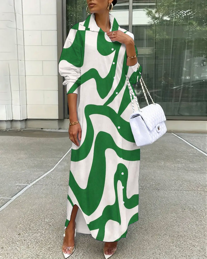 Green Wavy Stripes Loose Shirt Button Dress
