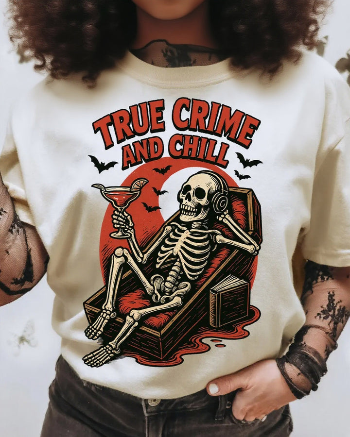 Halloween Crime and Chill Creepy Skeleton 100% Cotton Crew Neck Short Sleeve Tshirt