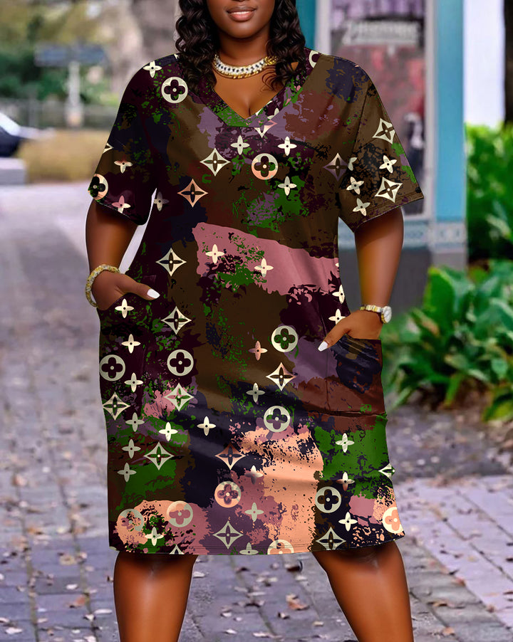 Geometric Flower Patchwork Casual V-neck Pocket Dress