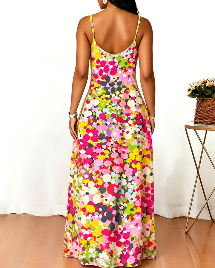 Sling Colorful Polka Dot Flowers Print Pocket Maxi Dress