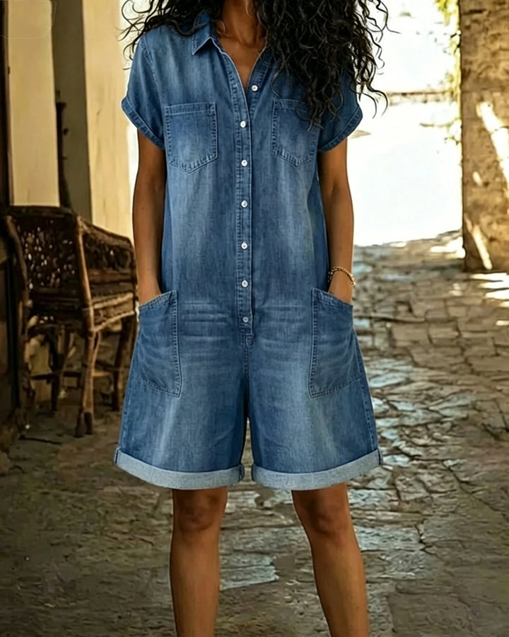Women's Casual Washed Denim Jumpsuit with Pocket Shorts
