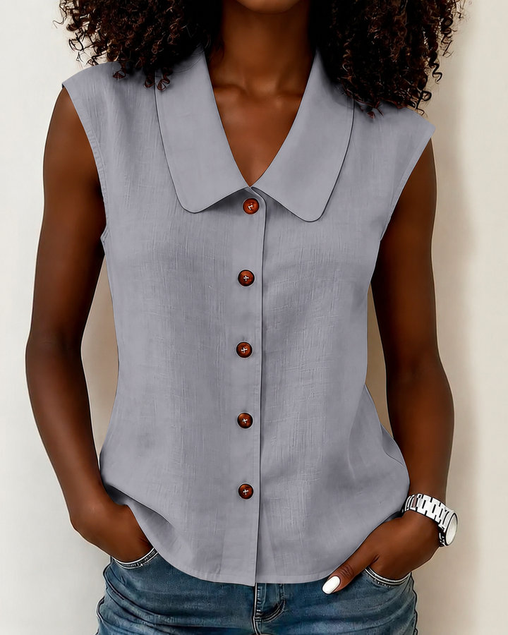 Simple Doll Collar Button Down Sleeveless Cotton Linen Shirt