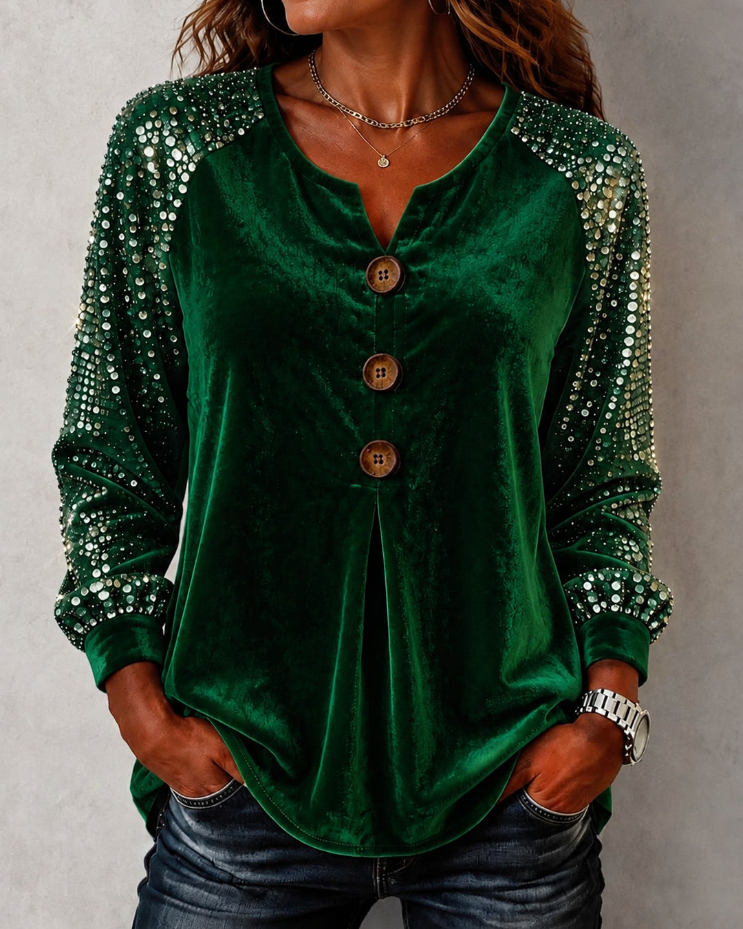 Velvet Sequin Raglan Long Sleeve Blouse