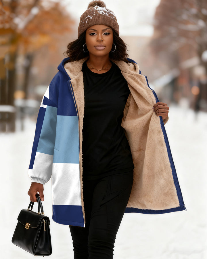 Color-blocked Plaid Print Long Sleeve Zip-Up Fleece Long Hoodies