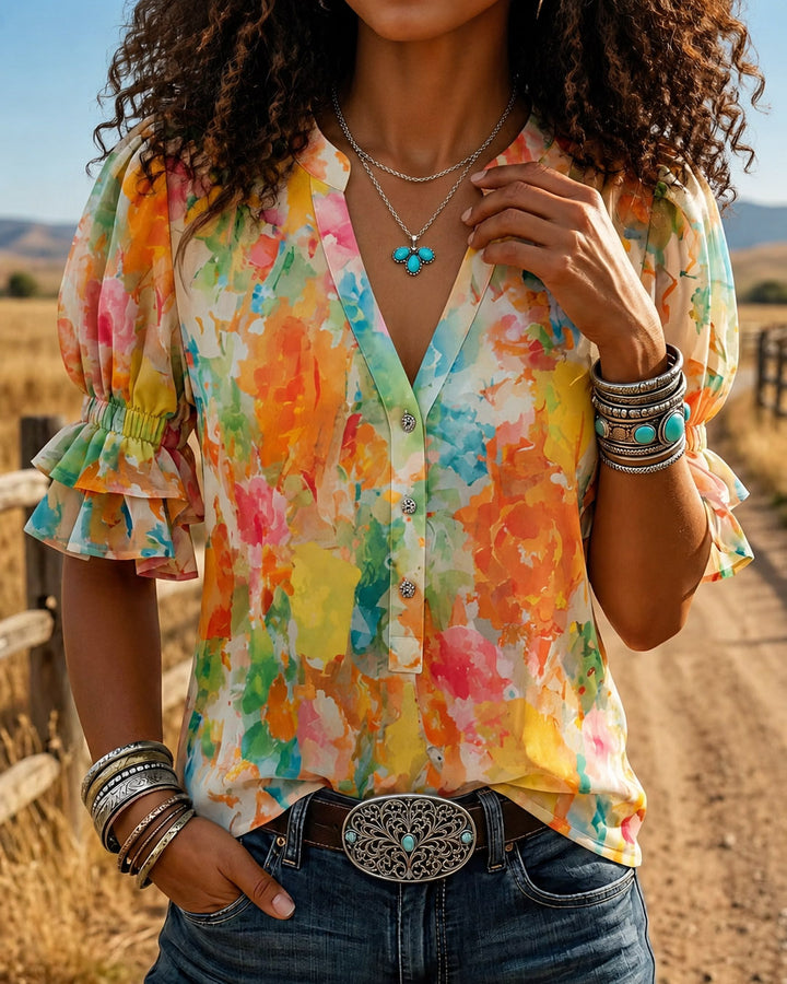 Summer Color Art Print V-neck Puff Sleeve Ruffle Shirt