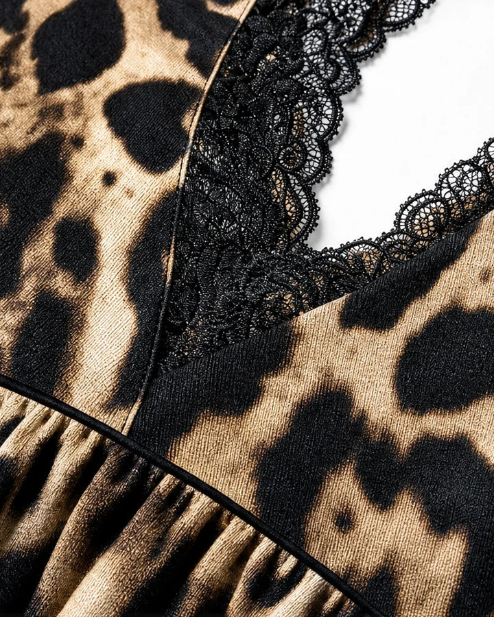 Leopard Print Deep V Lace Trim Midi Dress