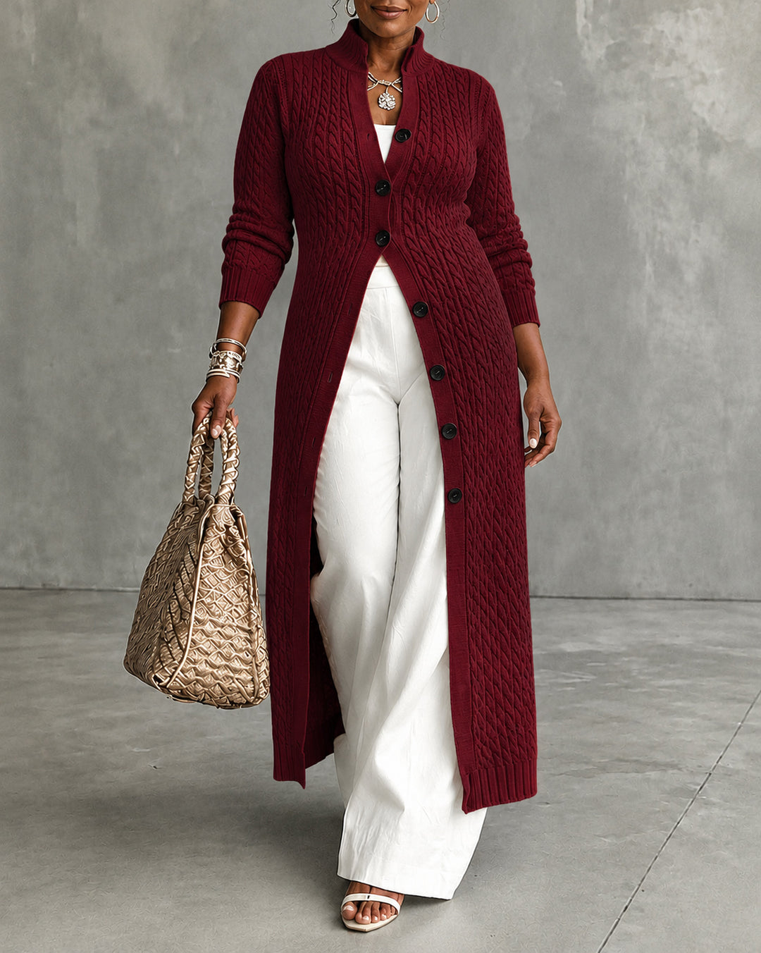 Women's Cable Stand Collar Long Sleeve Button Front Knit Maxi Cardigan