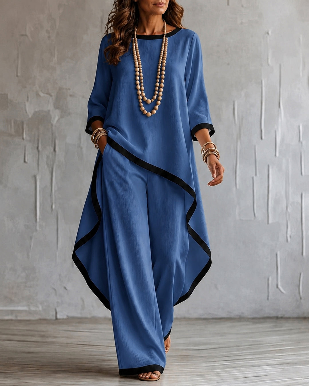 Loose Round-neck High-low Asymmetric Blouses&shirts Tops + Pockets Pants Trousers Two Pieces Set