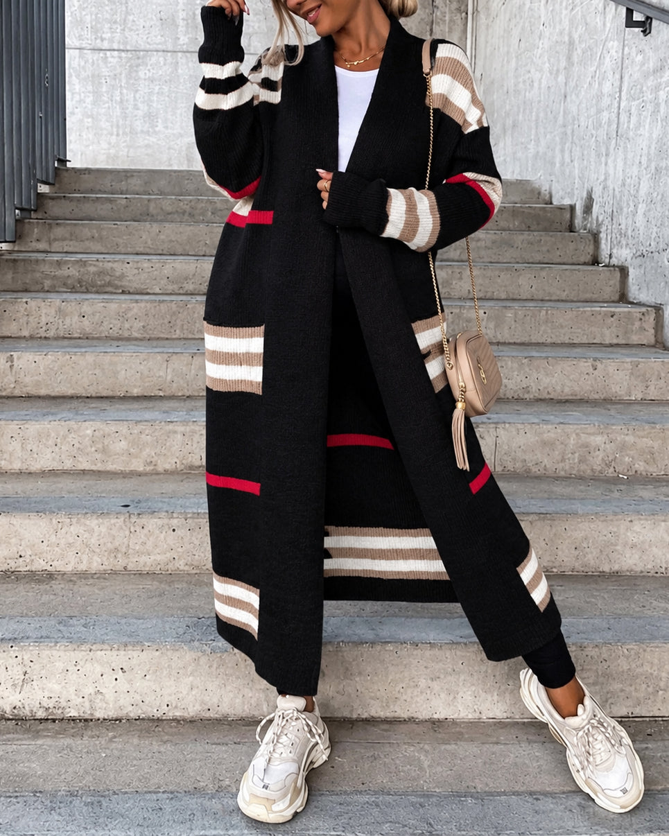 Color Block Striped Open Front Long Knit Cardigan