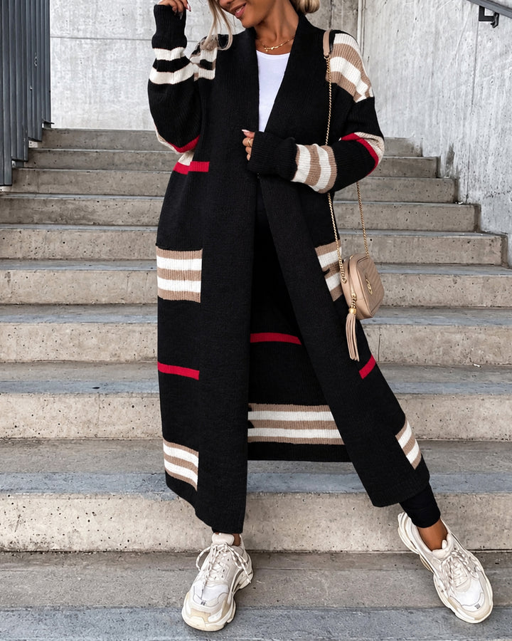 Color Block Striped Open Front Long Knit Cardigan