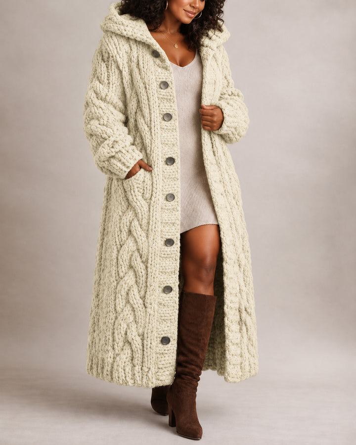 Women's Chunky Cable Knit Oversized Long Sleeve Button Down Hooded Cardigan