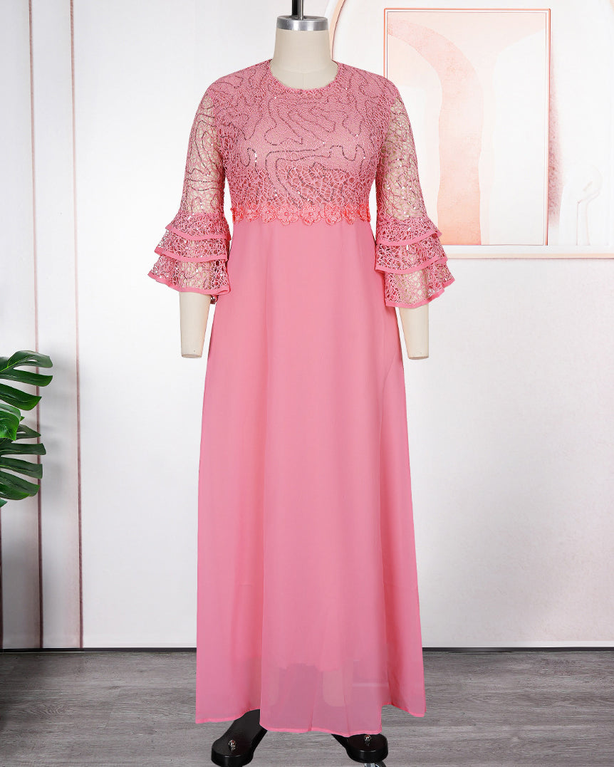 Plus Size Sequin Lace Tiered Bell Sleeve Formal Party Evening Gown