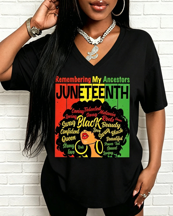 100% Cotton Remembering My Ancestors Juneteenth V Neck Short Sleeve Tshirt