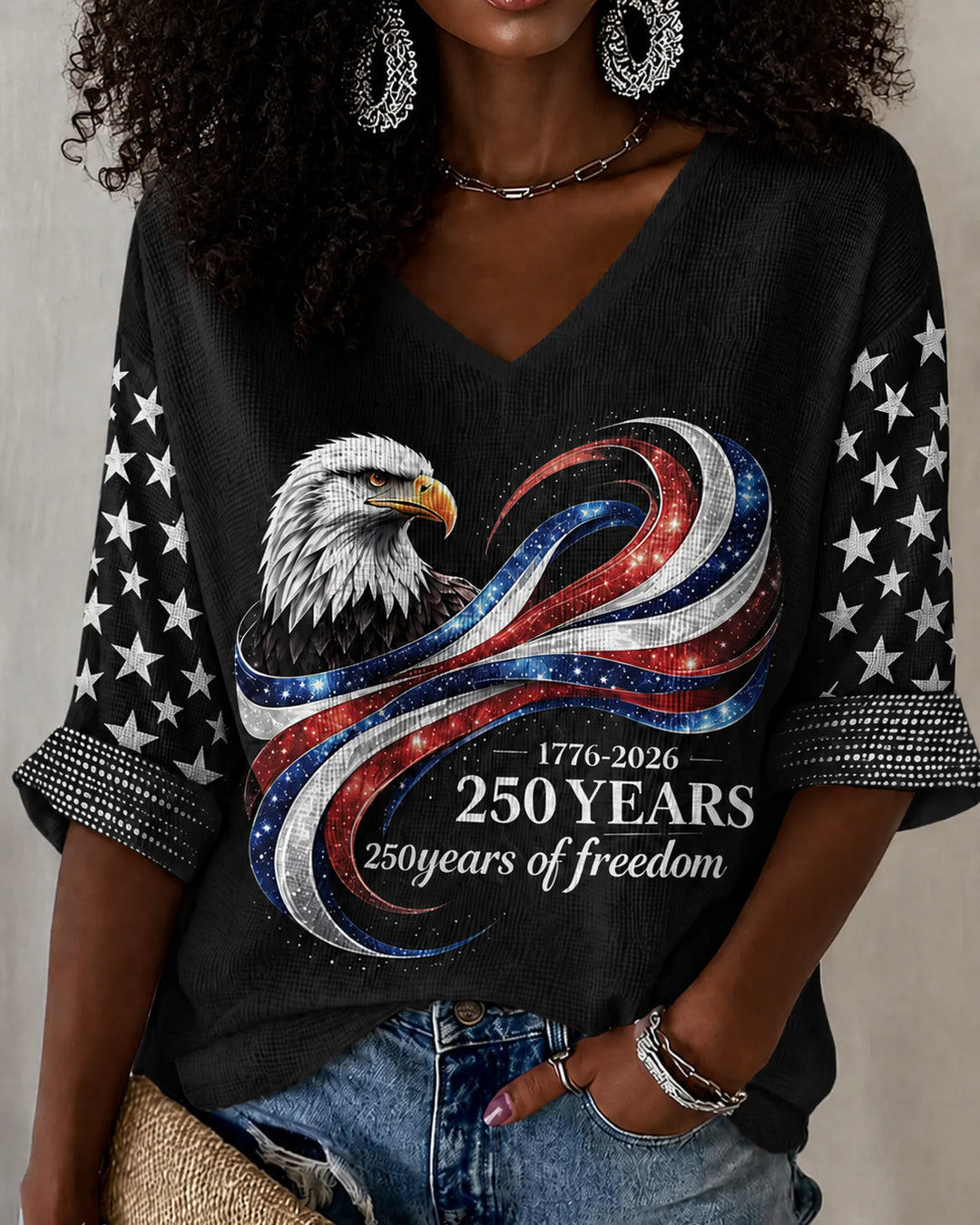 250 Years of Freedom America Print V-neck Half Sleeved Loose Top