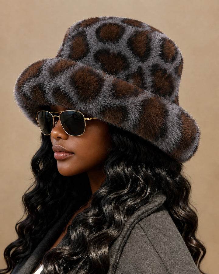 Women Faux Fur Leopard Print Bucket Hat