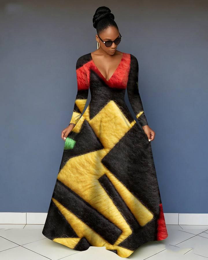 V-Neck Geometric Color Blocking Pocket Long-Sleeved Maxi Dress