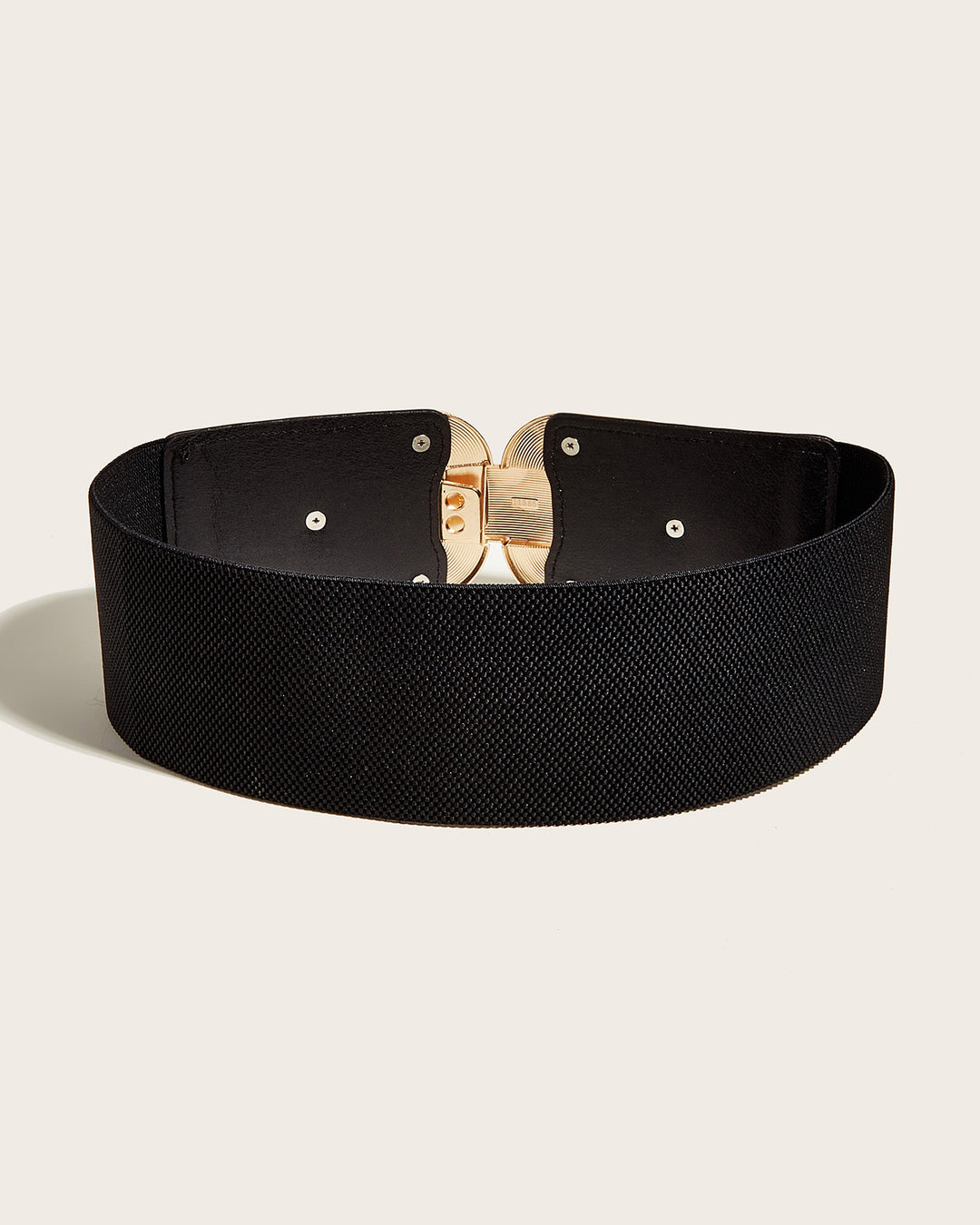 Women Wide Elastic Waist Belt Textured Gold Interlocking