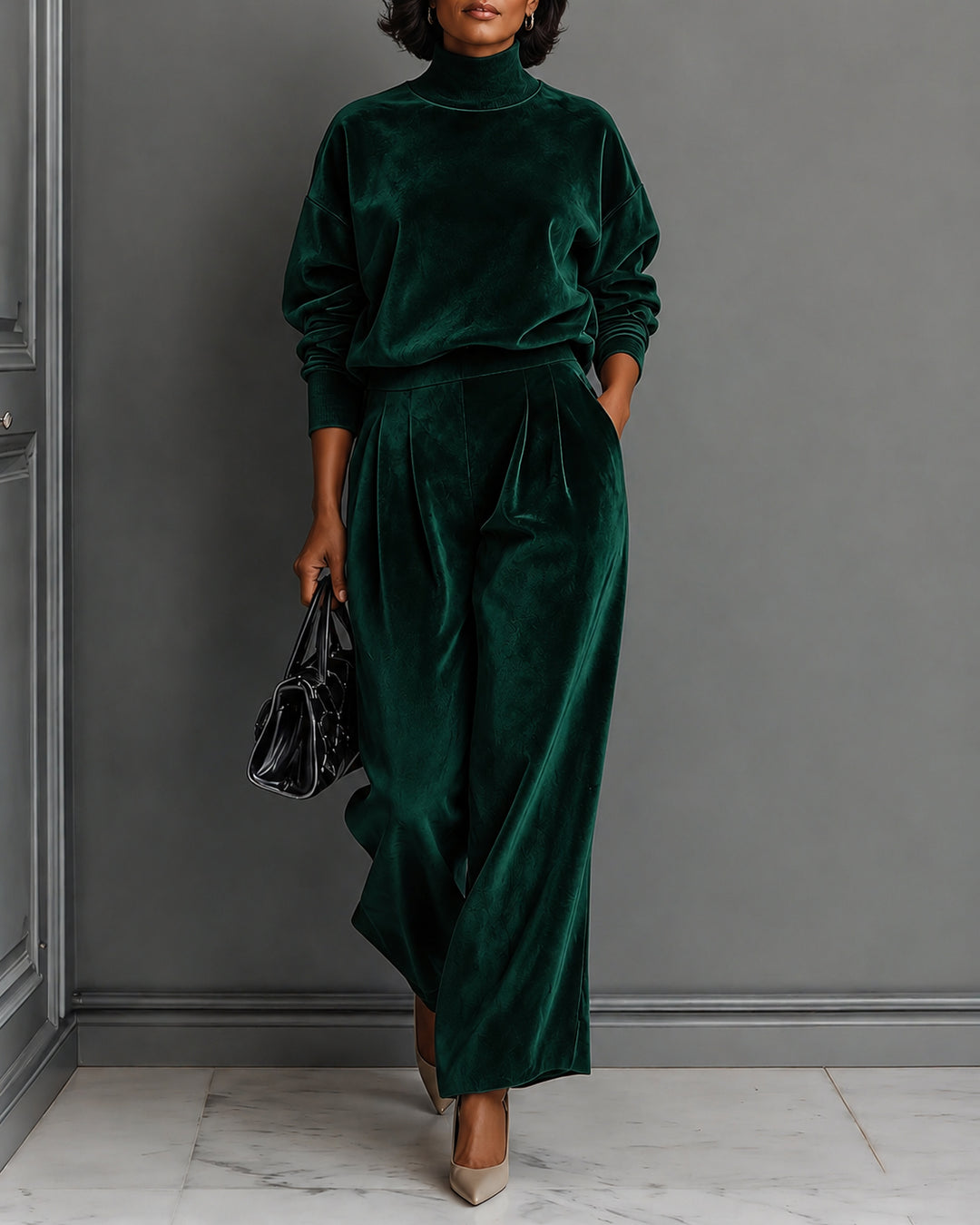 Elegant Turtleneck Velvet Top & Wide Leg Pants Two Piece Set