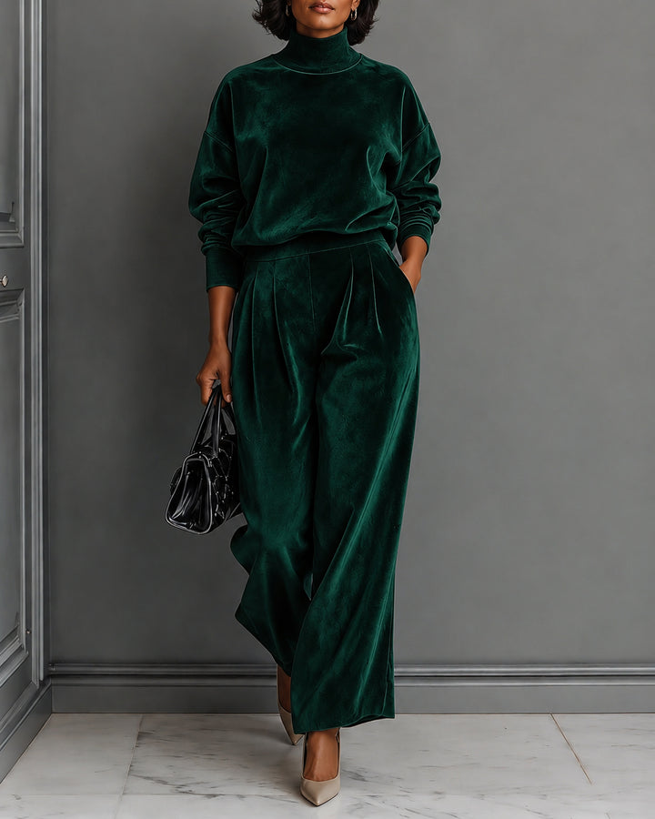 Elegant Turtleneck Velvet Top & Wide Leg Pants Two Piece Set
