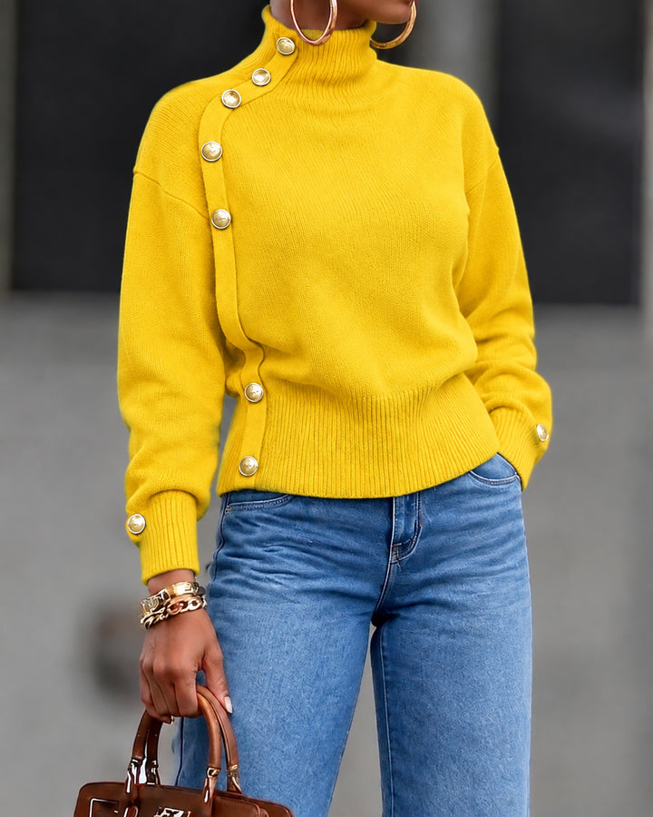 Women's Turtleneck Long Sleeve Asymmetrical Gold Button Knit Sweater