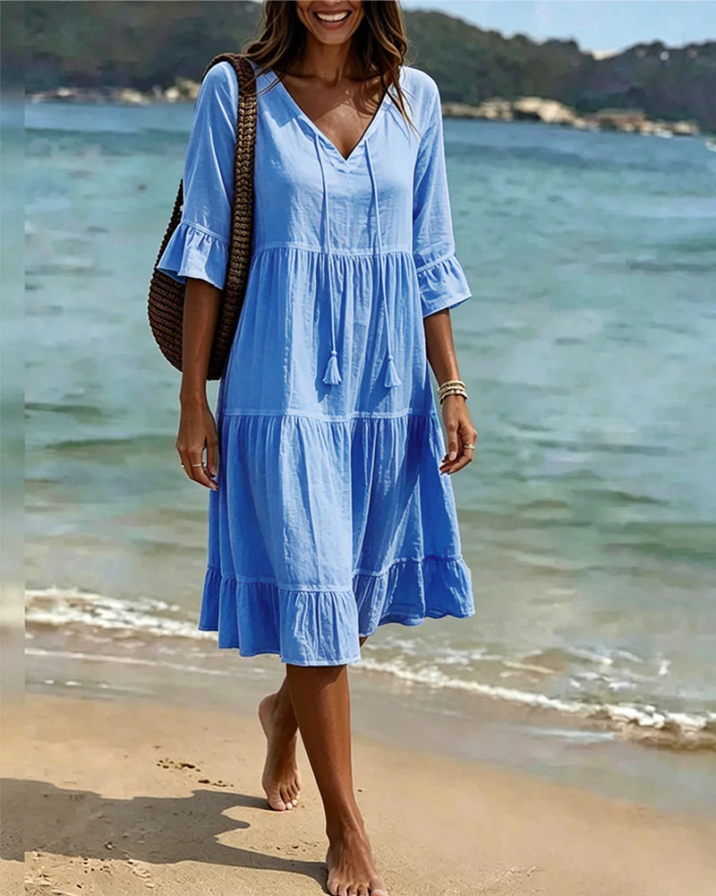 Solid Color Cotton Linen Tiered V-Neck Tie Waist A-Line Dress