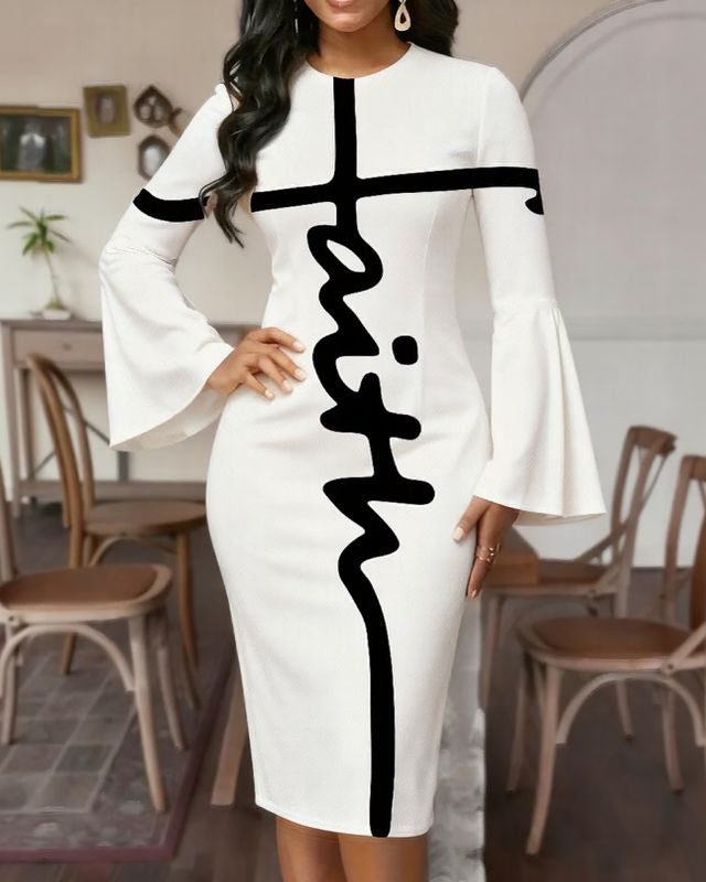 Simple Faith Letters Flared Sleeves Mini Dresses