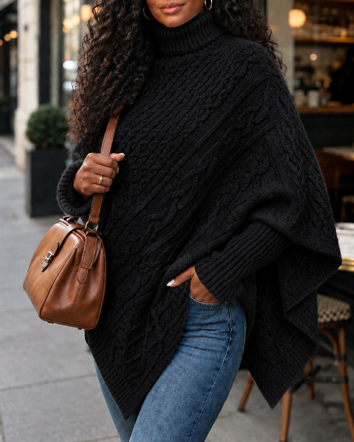 Turtleneck Batwing Sleeve Asymmetric Hem Chunky Knit Pullover