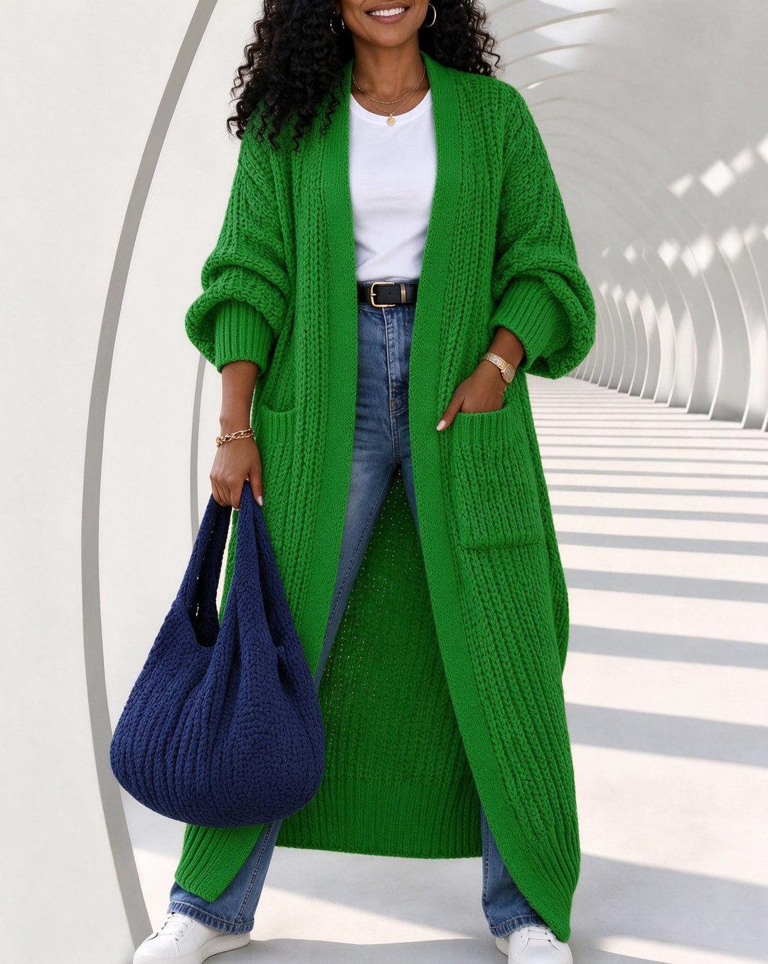 Women's Chunky Knit Open Front Oversized Lantern Sleeve Long Cardigan