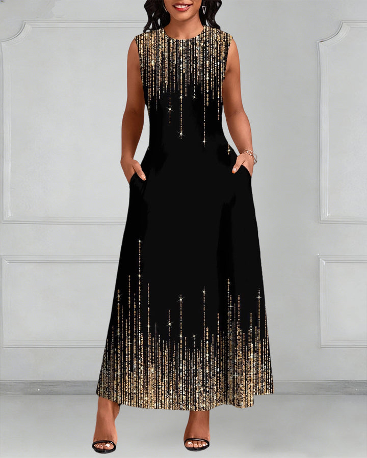 Elegant Glitter Print Sleeveless Pockets Maxi Dress