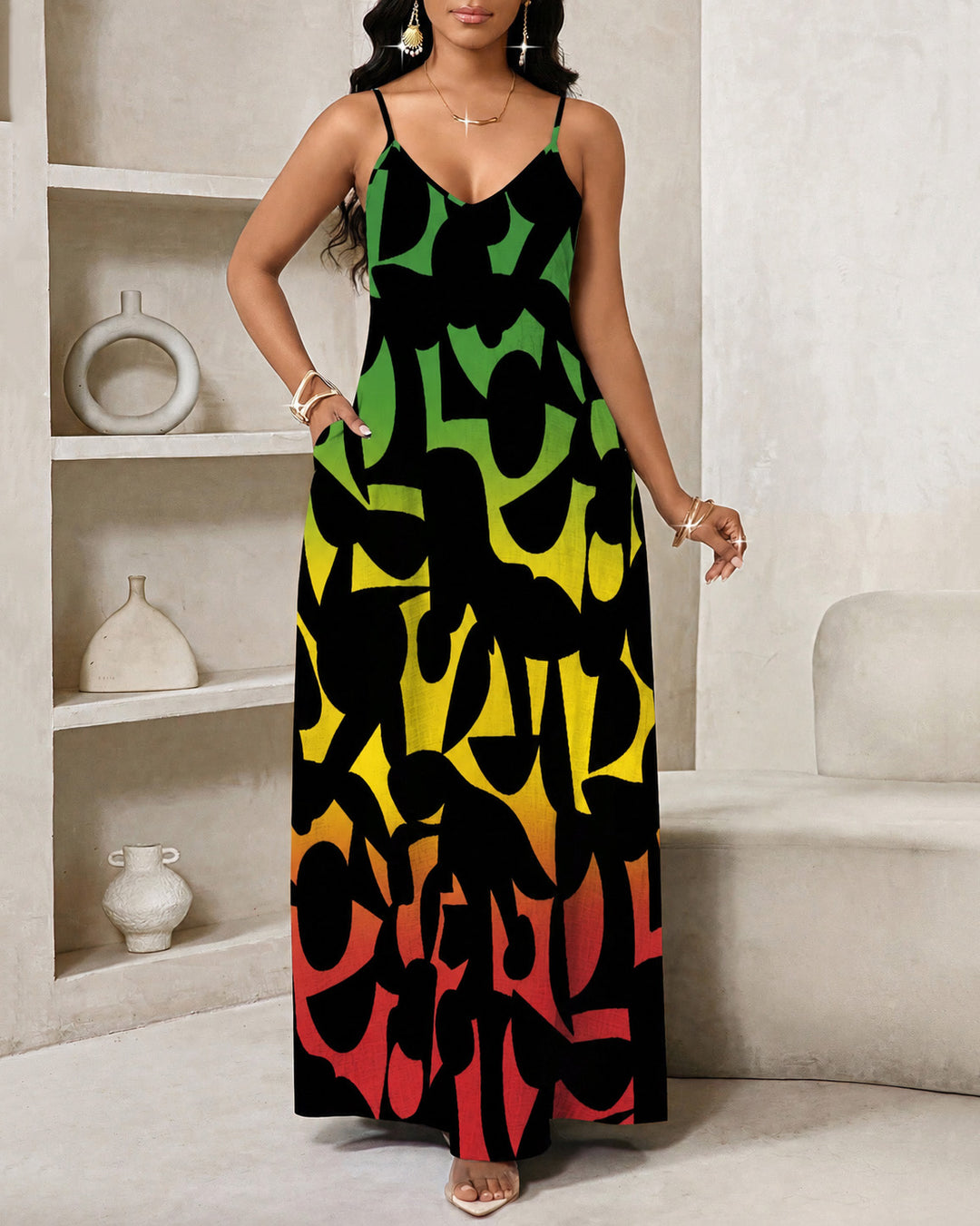 Reggae Gradient Geometry Print Halter Maxi Dress