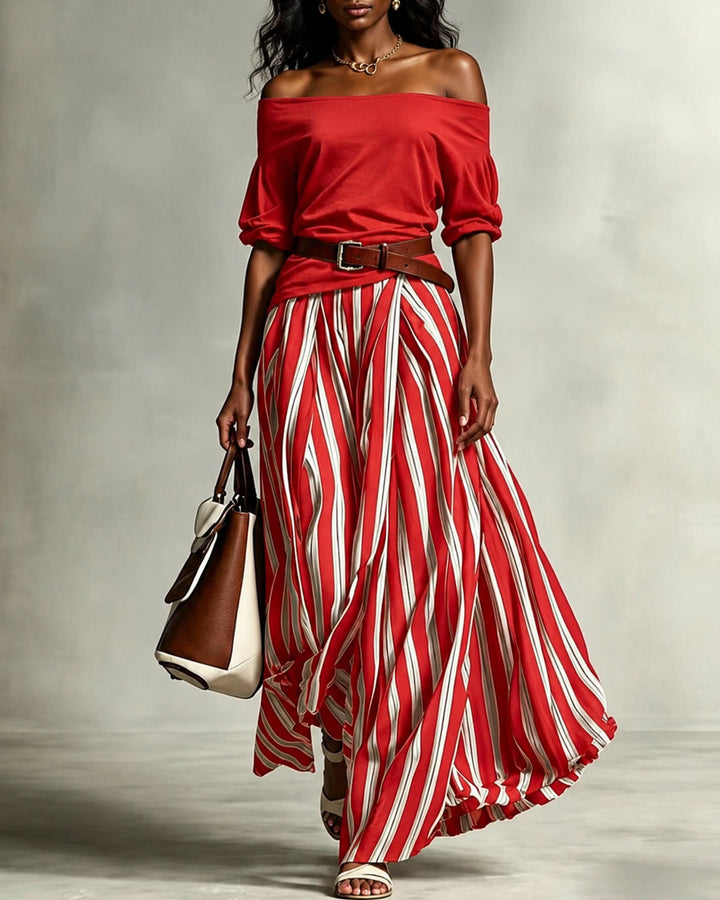 Off Shoulder Puff Sleeve Top & Striped Midi Skirt Two-Piece Set Includes Belt