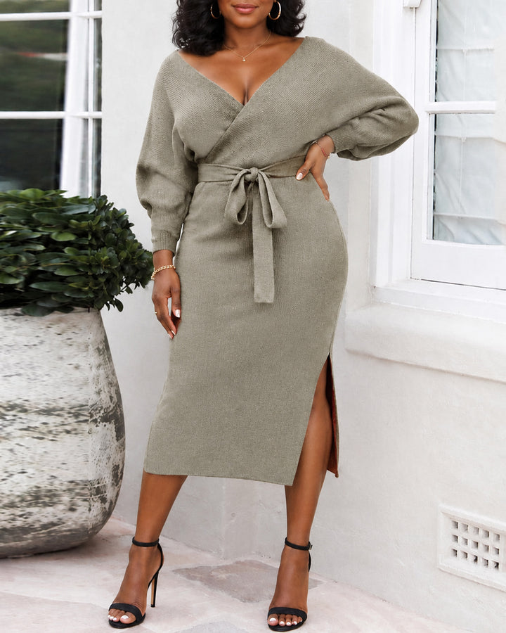 Women's Wrap V Neck Midi Knit Dress