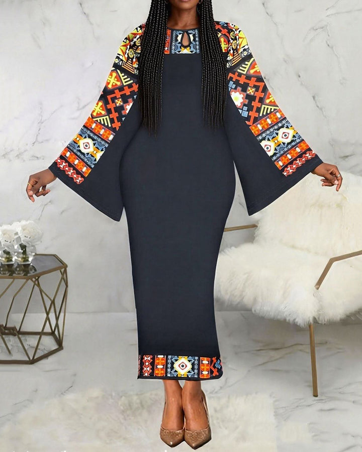 Abstract Tribal Art Round Neck Bell Sleeve Bodycon Long Dress