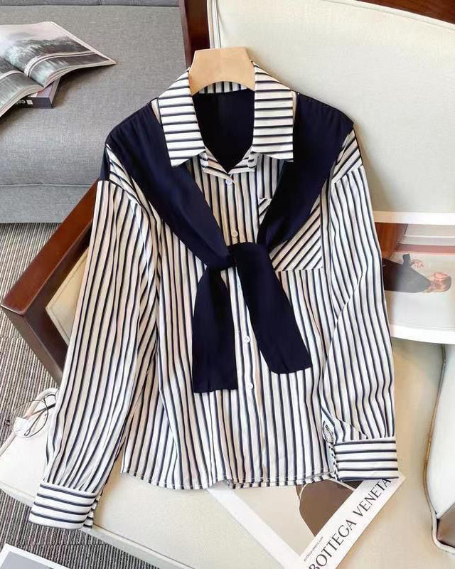 Women's 2 in 1 Striped Button Down Shirt with Attached Tie Shawl