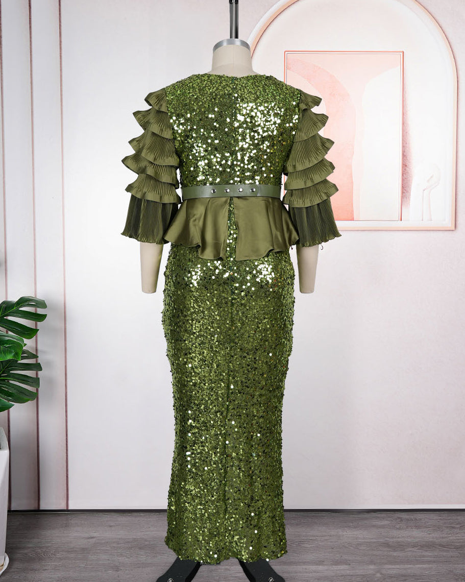 Plus Size Sequin Deep V Multi‑Layer Ruffle Sleeve Peplum Slit Maxi Evening Gown