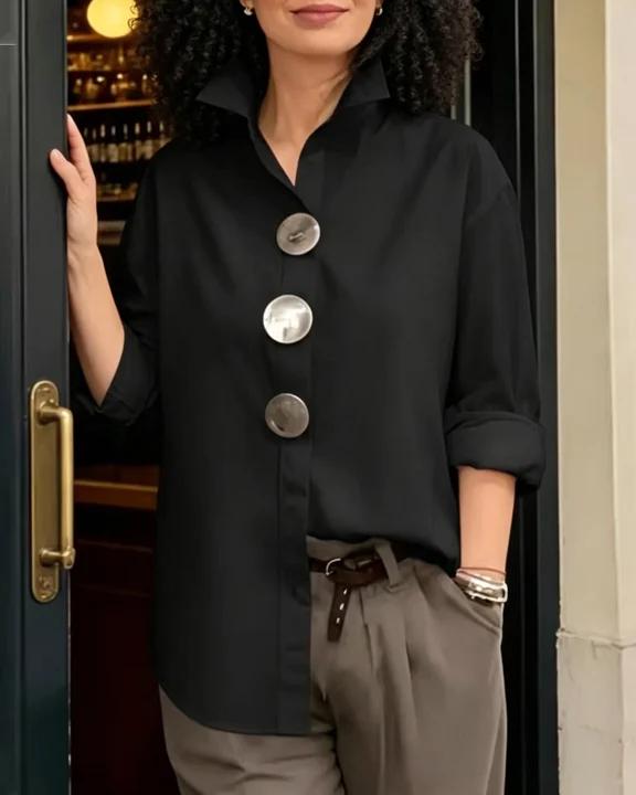 Solid Color Stand Collar Long Sleeve Shirt with Metal Buttons
