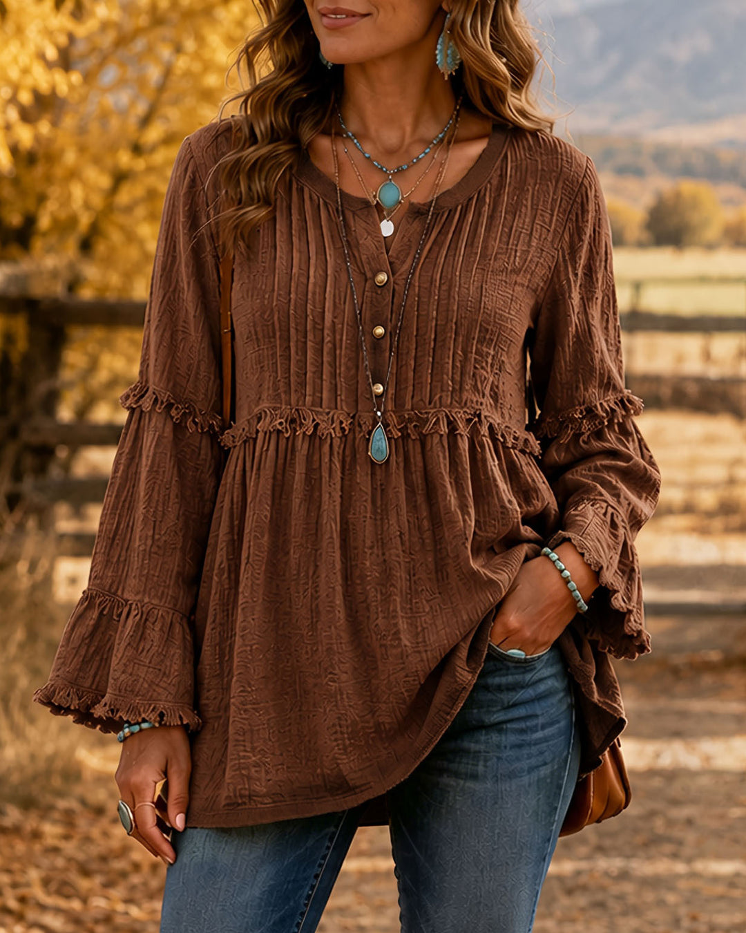 Crew Neck Button Down Loose Shirt with Tassel Spliced Lace