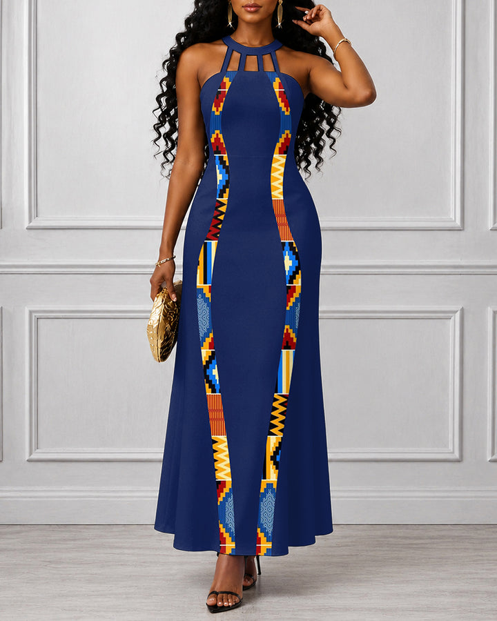 Ankara Curved Stripes Hollow-out Halter Neckline Bodycon Maxi Dress