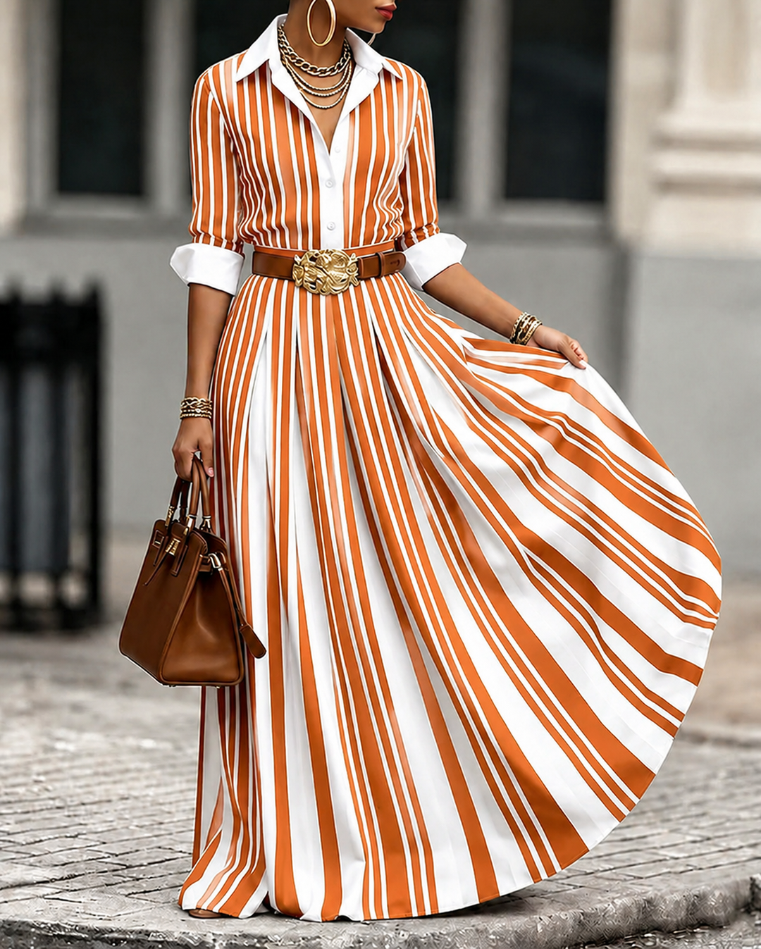 A-Line Loose Buttoned Contrast Color No Belt Striped Lapel Maxi Dresses